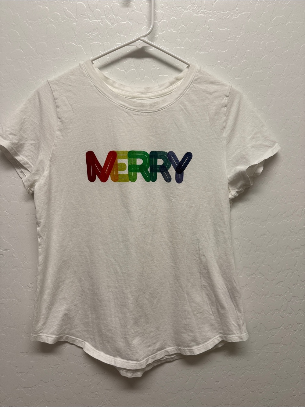 Old Navy White Short Sleeve Tee with Rainbow "MERRY" Graphic